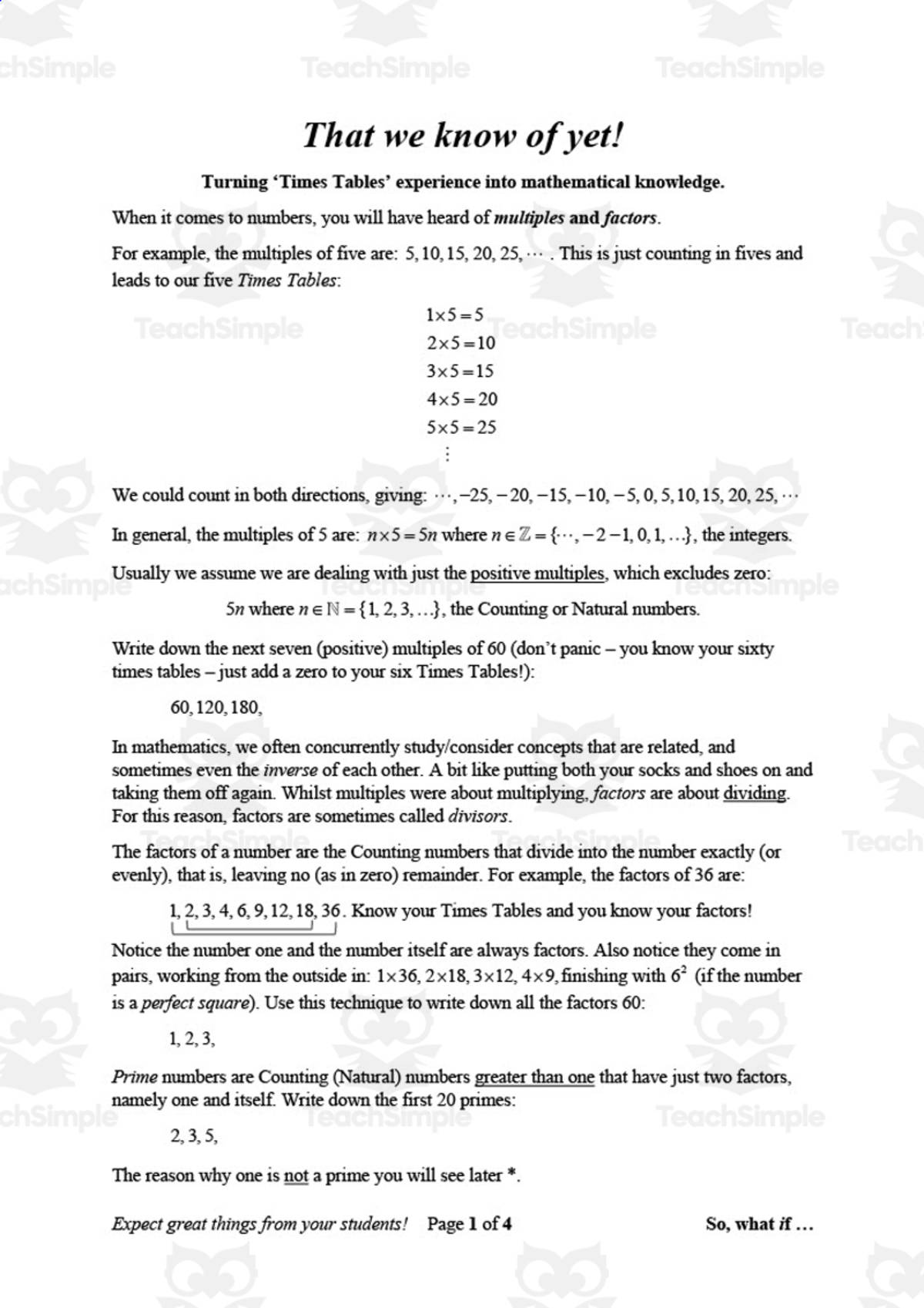 An educational teaching resource from So, what if ... by Ian F Hailes entitled That we know of yet: Multiples and Factors | Math Printable downloadable at Teach Simple.