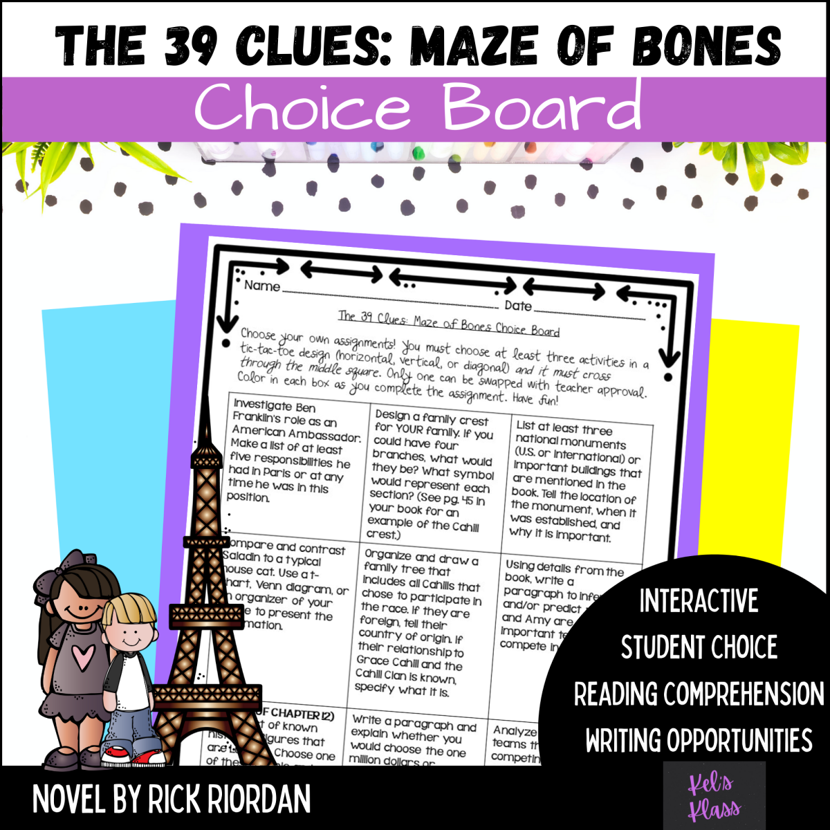 An educational teaching resource from Kel's Klass entitled The 39 Clues: Maze of Bones Choice Board and Rubric downloadable at Teach Simple.