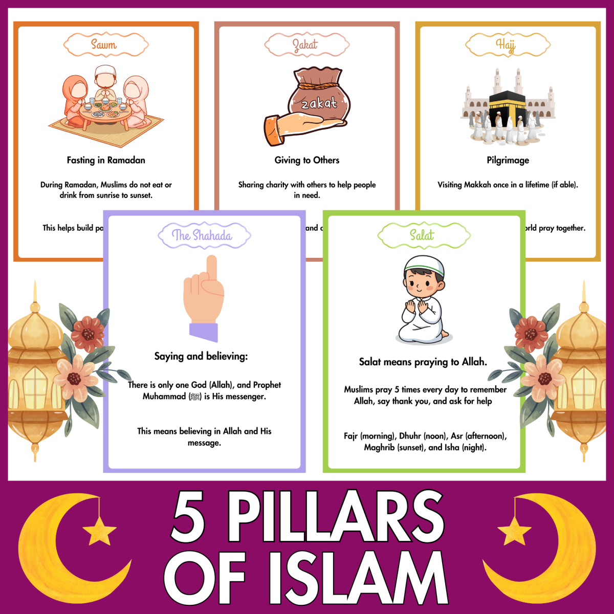 An educational teaching resource from Perfect_Printables entitled The 5 Pillars of Islam Posters for Kids: Muslim Ramadan Activities downloadable at Teach Simple.