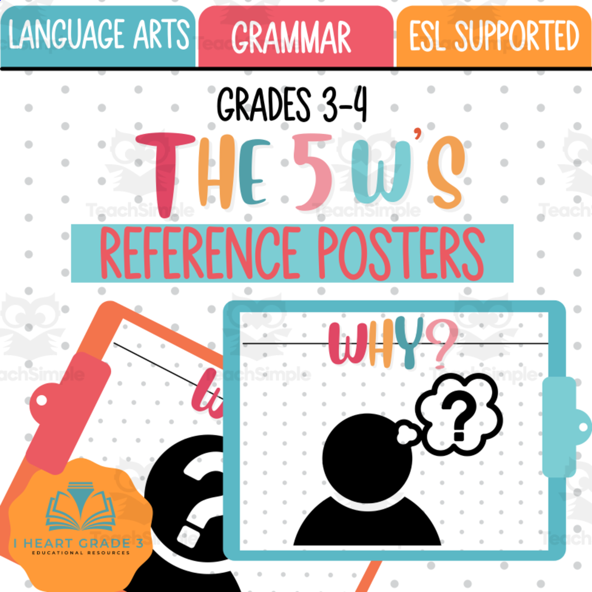 An educational teaching resource from I Heart Grade 3 entitled The 5 W'S Reference Posters downloadable at Teach Simple.