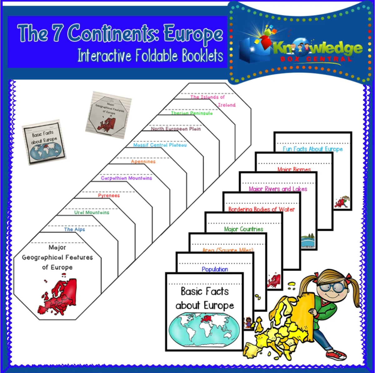 An educational teaching resource from Knowledge Box Central entitled The 7 Continents: Europe Interactive Foldable Booklets - EBOOK downloadable at Teach Simple.