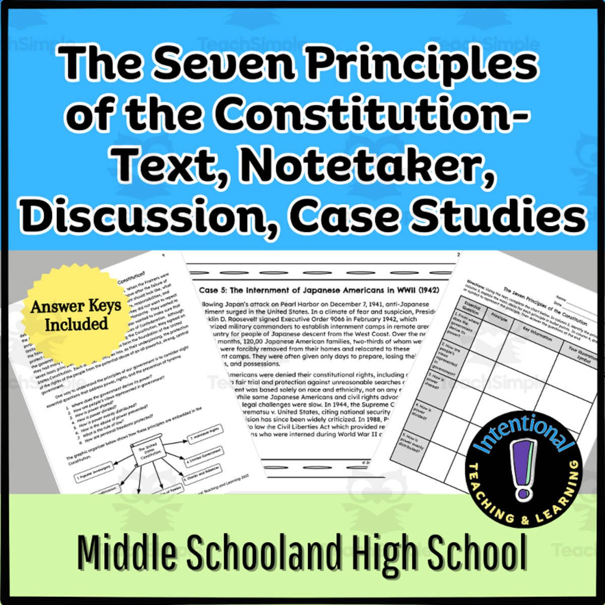 An educational teaching resource from Intentional Teaching and Learning entitled The 7 Principles of the Constitution- Text, Discussion, Case Studies downloadable at Teach Simple.