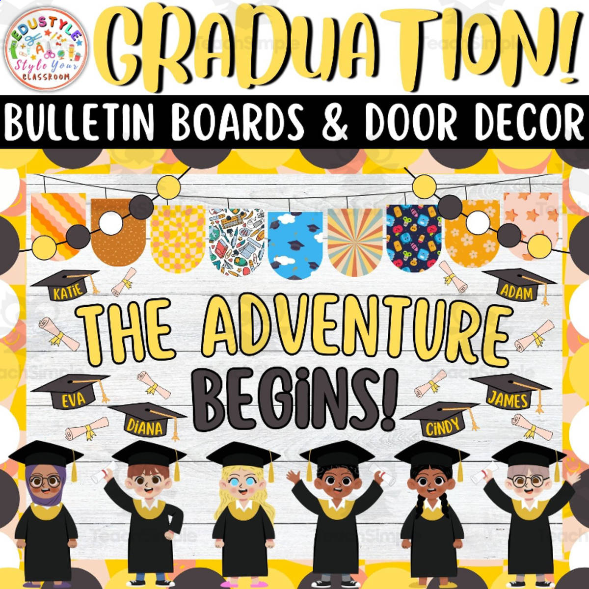 An educational teaching resource from Style Your Classroom entitled The Adventure Begins!: Graduation Bulletin Board And Door Decor Kit downloadable at Teach Simple.