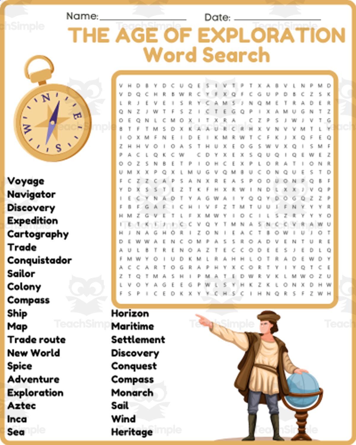 An educational teaching resource from space shope entitled THE AGE OF EXPLORATION Word Search Worksheet Activity - World History downloadable at Teach Simple.