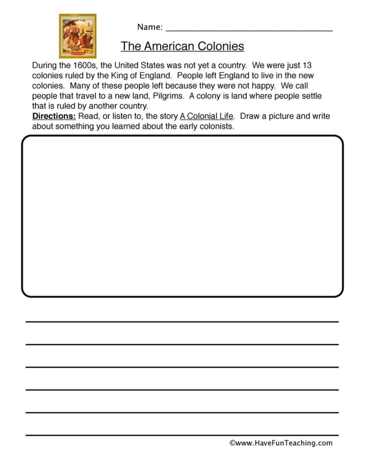 An educational teaching resource from Have Fun Teaching entitled The American Colonies Worksheet downloadable at Teach Simple.