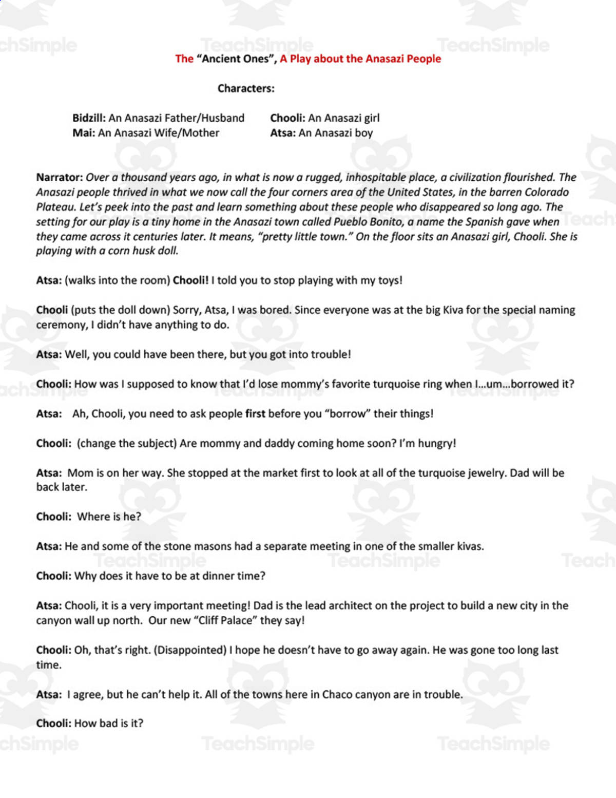 An educational teaching resource from BCM Creations entitled "The Ancient Ones, A Play about the Anasazi" - A History Play downloadable at Teach Simple.