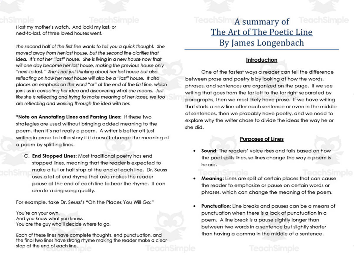 An educational teaching resource from ELA Resources entitled "The Art of the Poetic Line" Worksheet downloadable at Teach Simple.