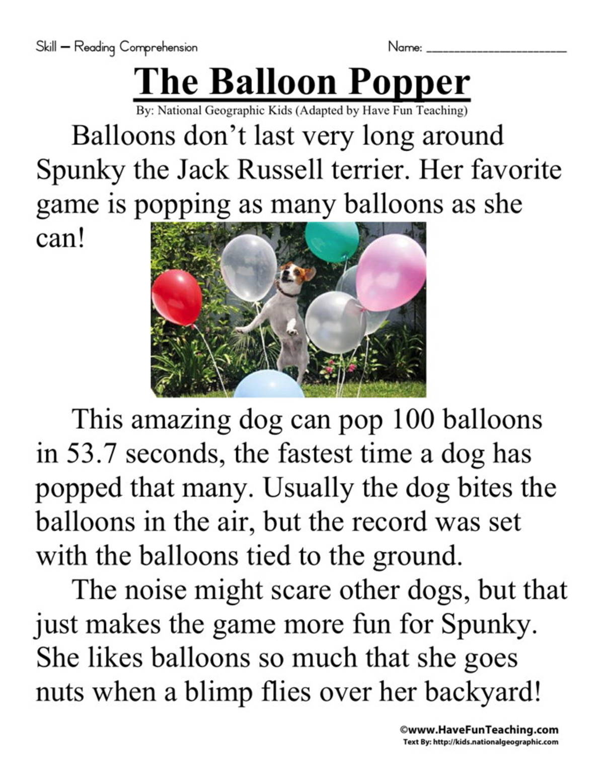 An educational teaching resource from Have Fun Teaching entitled The Balloon Popper Reading Comprehension Worksheet downloadable at Teach Simple.