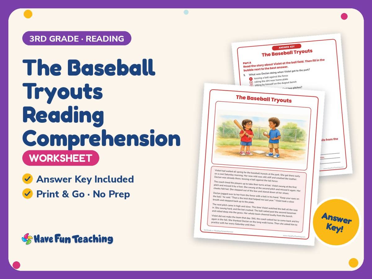 The Baseball Tryouts Reading Comprehension Worksheet – 3rd Grade preview