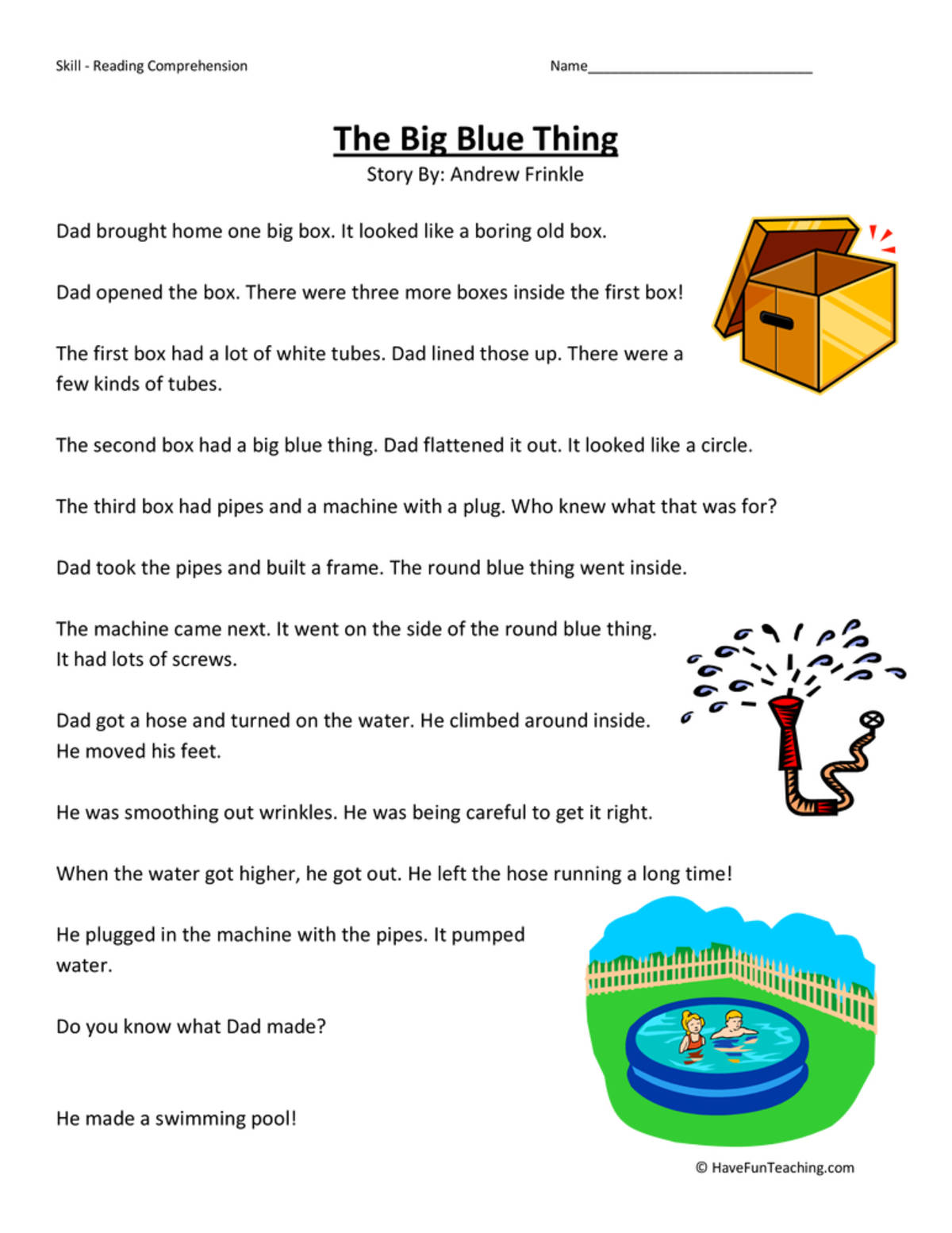 An educational teaching resource from Have Fun Teaching entitled The Big Blue Thing Reading Comprehension Worksheet downloadable at Teach Simple.
