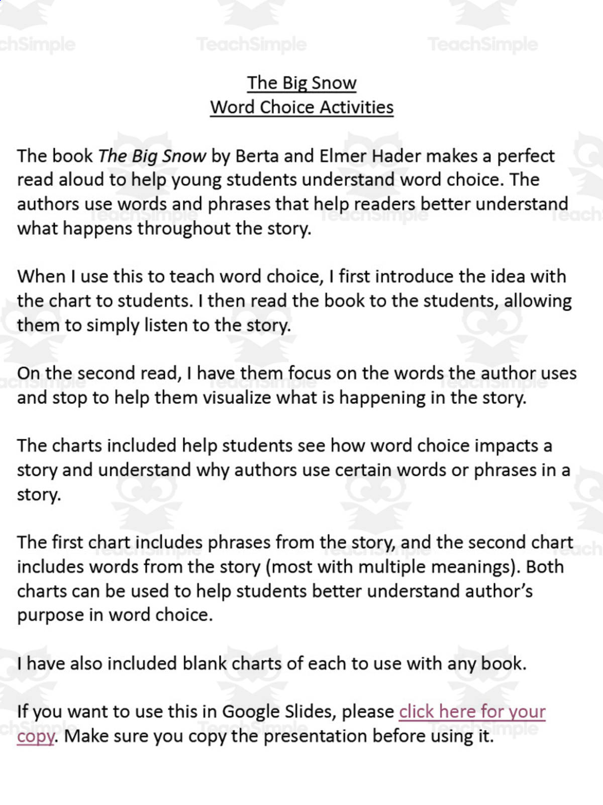 An educational teaching resource from Literacy Life entitled The Big Snow Word Choice Activities downloadable at Teach Simple.