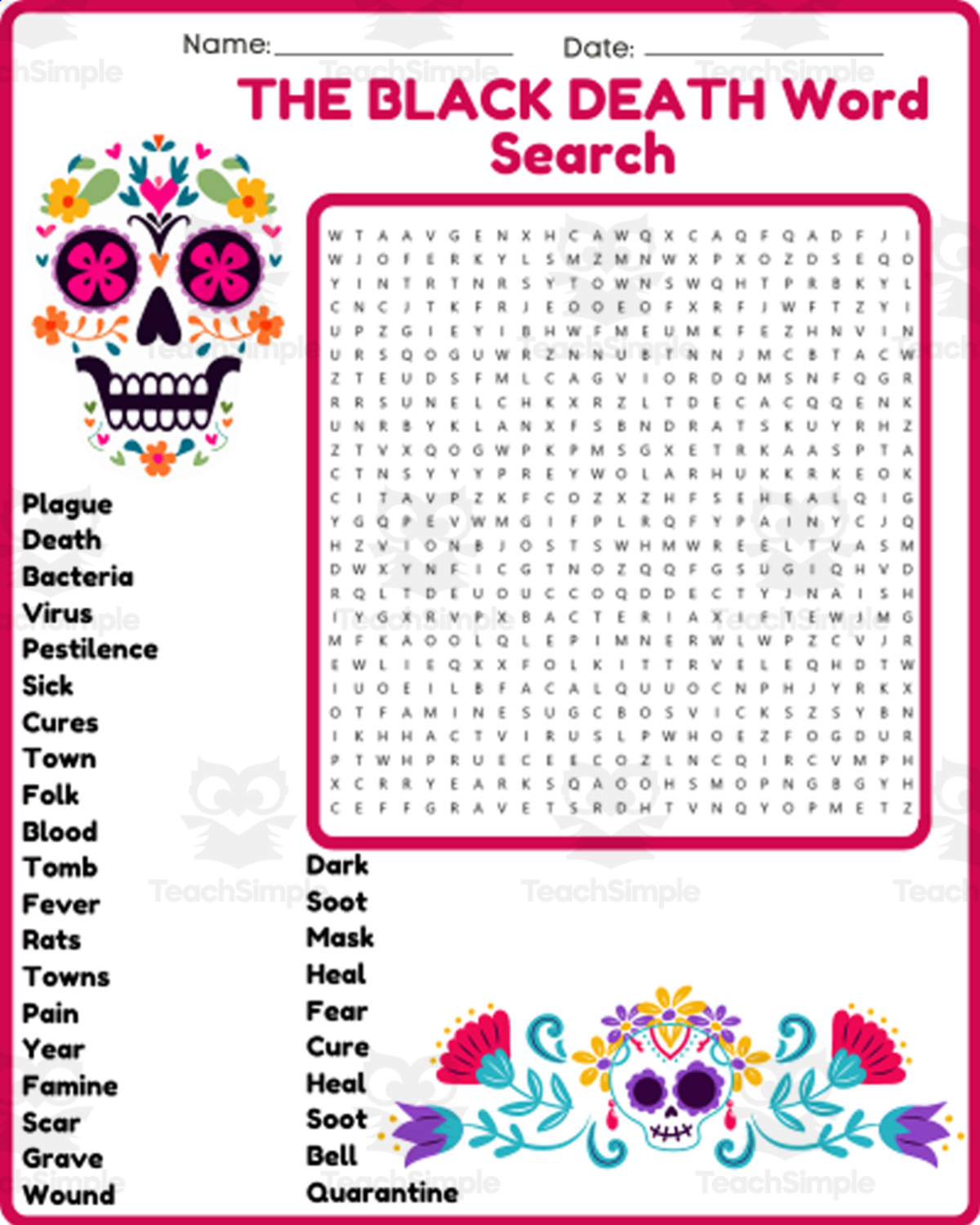 An educational teaching resource from space shope entitled THE BLACK DEATH Word Search Puzzle Worksheet Activity - Medieval Europ downloadable at Teach Simple.