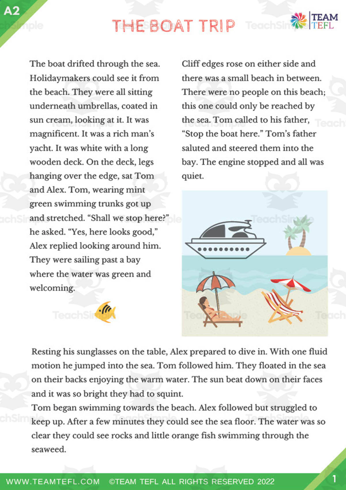 An educational teaching resource from TEAM TEFL entitled The Boat Trip Short Story | Pre-Intermediate Lesson Plan downloadable at Teach Simple.