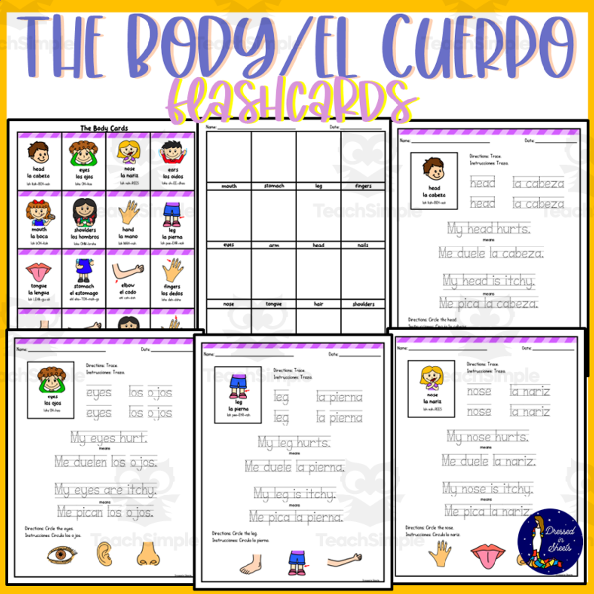 An educational teaching resource from Soumara Siddiqui entitled The Body El Cuerpo Flashcards downloadable at Teach Simple.