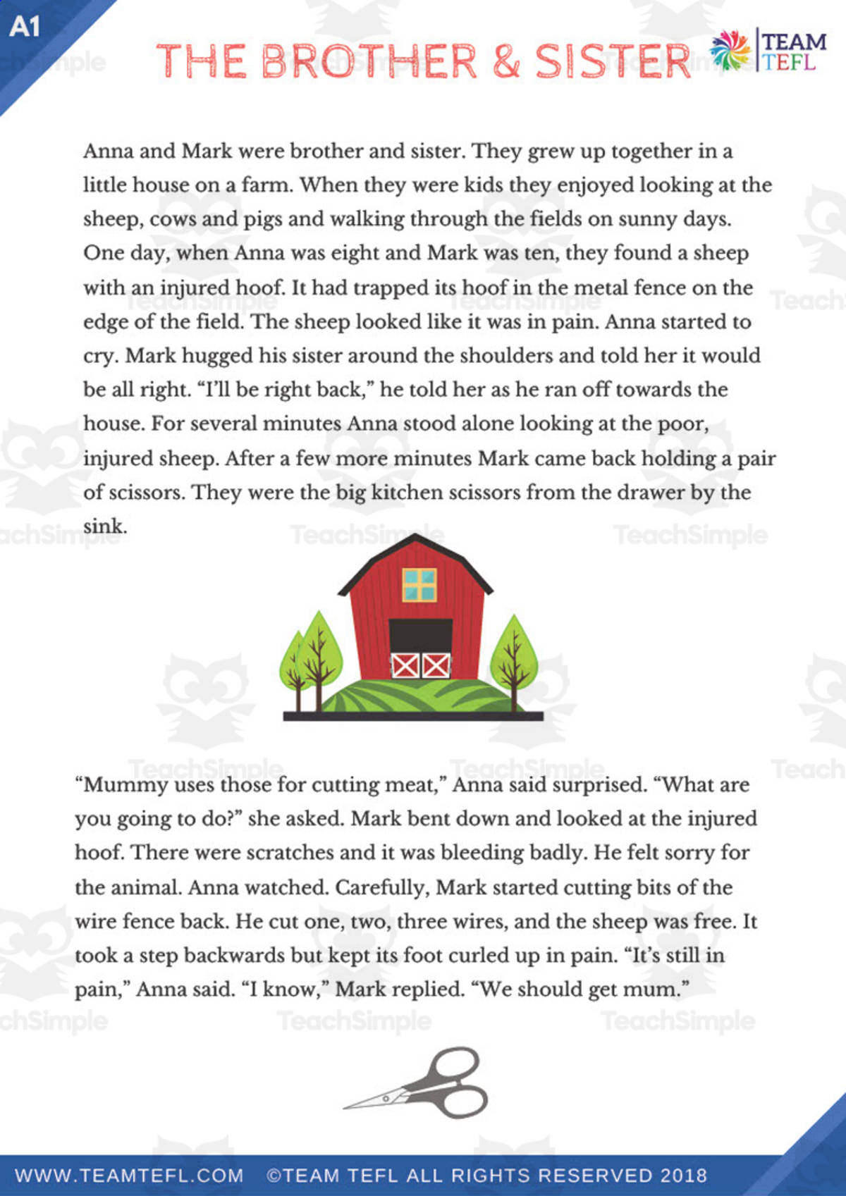 An educational teaching resource from TEAM TEFL entitled The Brother and Sister Short Story | Beginner Lesson Plan downloadable at Teach Simple.