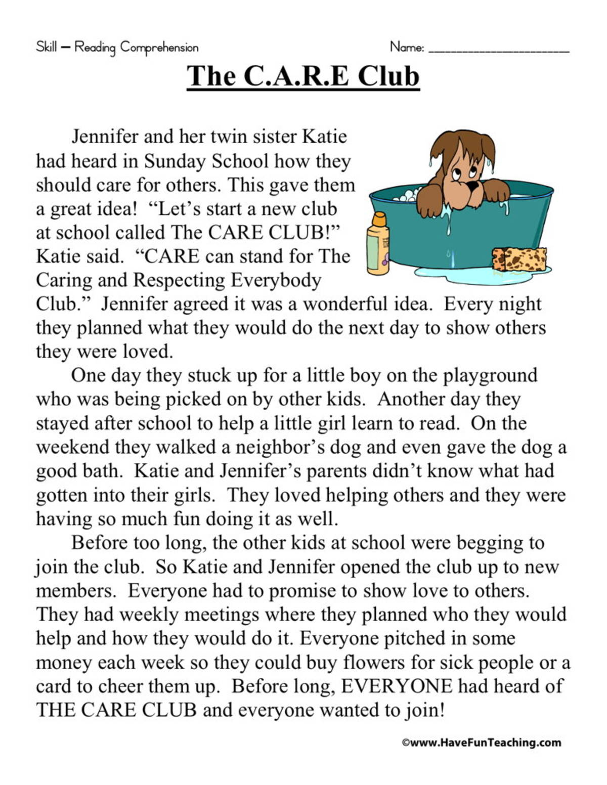 An educational teaching resource from Have Fun Teaching entitled The CARE Club Reading Comprehension Worksheet downloadable at Teach Simple.