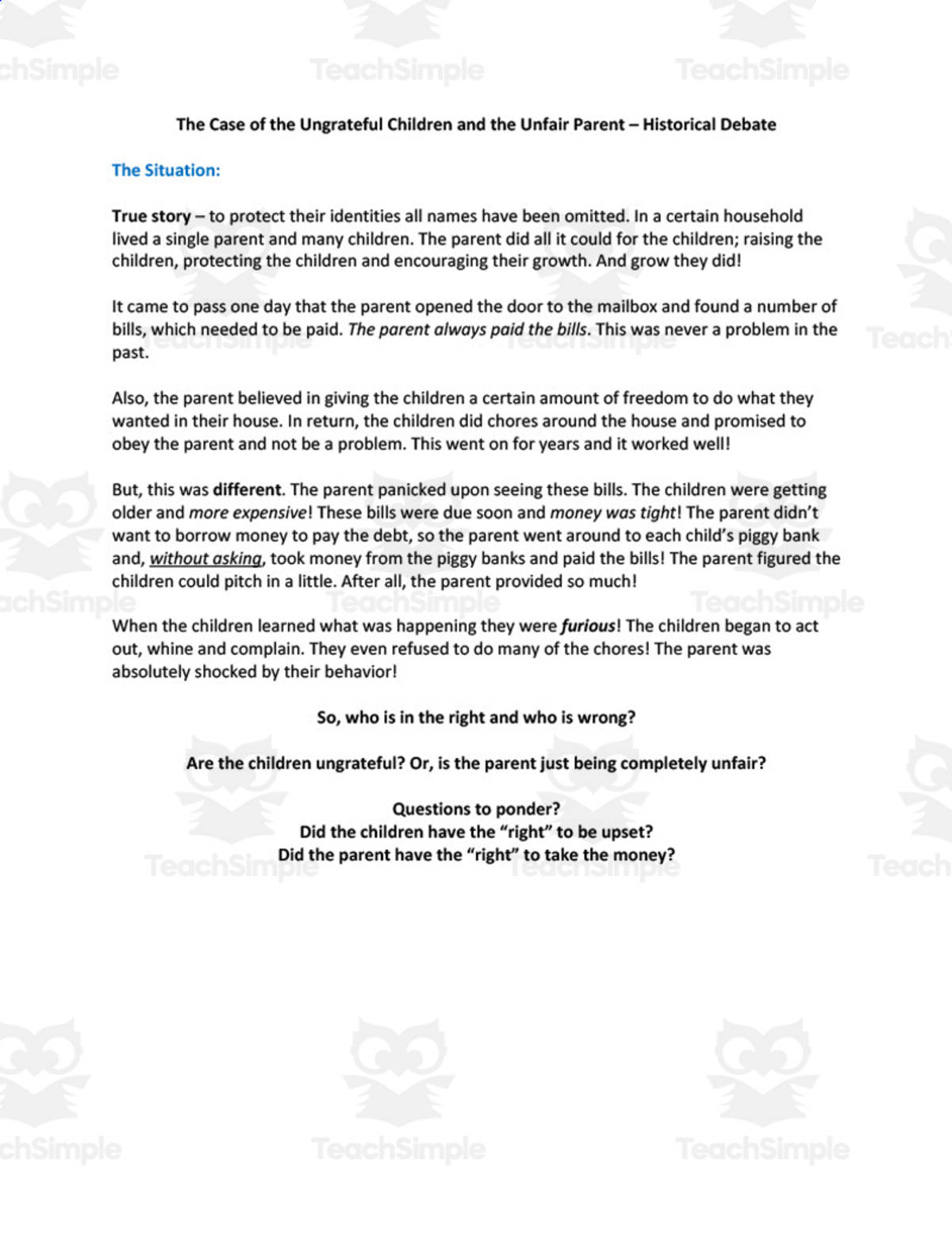 An educational teaching resource from BCM Creations entitled The Case of the Ungrateful Children and the Unfair Parent - Historical Debate downloadable at Teach Simple.