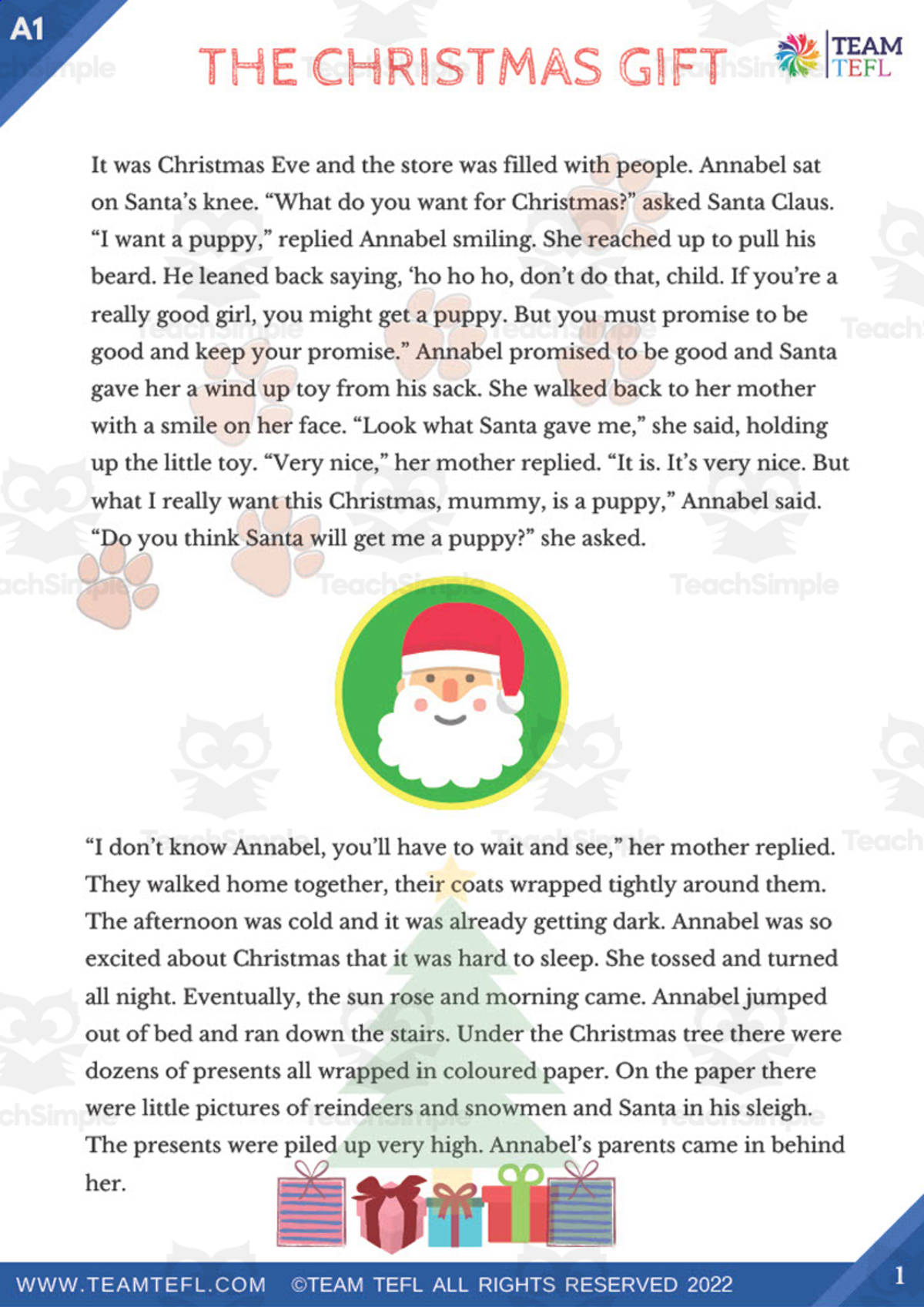 An educational teaching resource from TEAM TEFL entitled The Christmas Gift Short Story | Beginner Lesson Plan downloadable at Teach Simple.