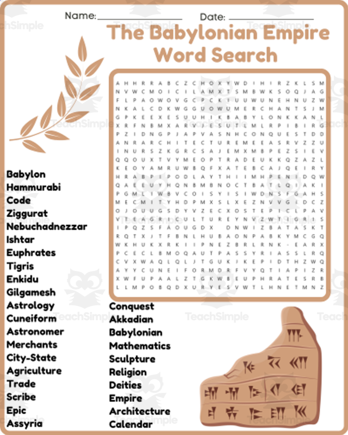 An educational teaching resource from space shope entitled The Code of Hammurabi Word Search Worksheet Activities downloadable at Teach Simple.