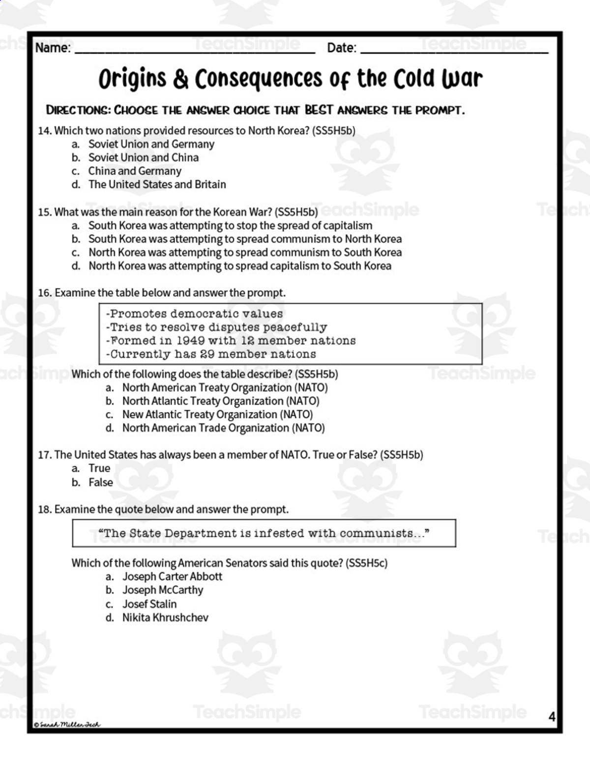 An educational teaching resource from Sarah Miller Tech entitled The Cold War Assessment Study Guide downloadable at Teach Simple.