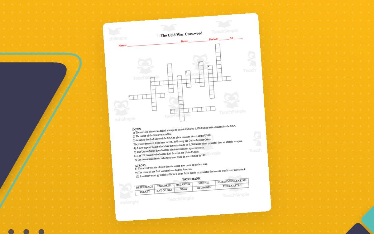 An educational teaching resource from DrDrew entitled The Cold War Crossword Puzzle – History Activity downloadable at Teach Simple.