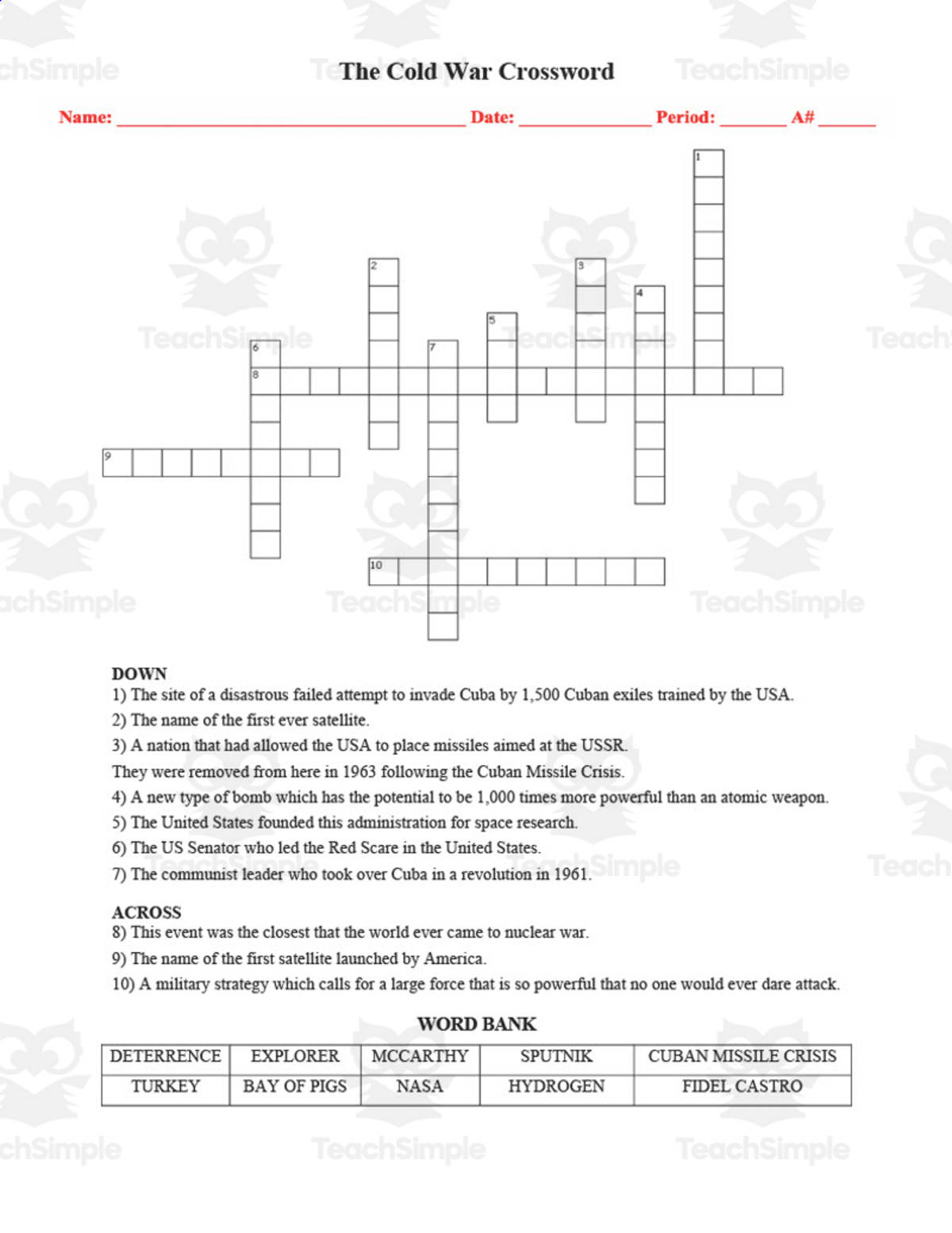 An educational teaching resource from DrDrew entitled The Cold War Crossword Puzzle downloadable at Teach Simple.