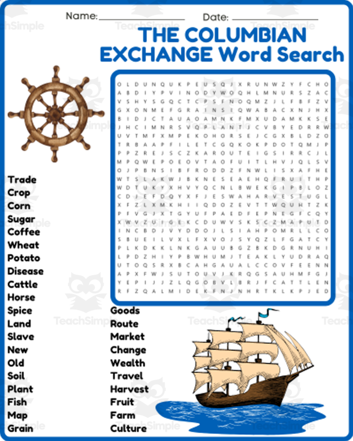 An educational teaching resource from space shope entitled THE COLUMBIAN EXCHANGE Word Search Puzzle Worksheet Activity downloadable at Teach Simple.