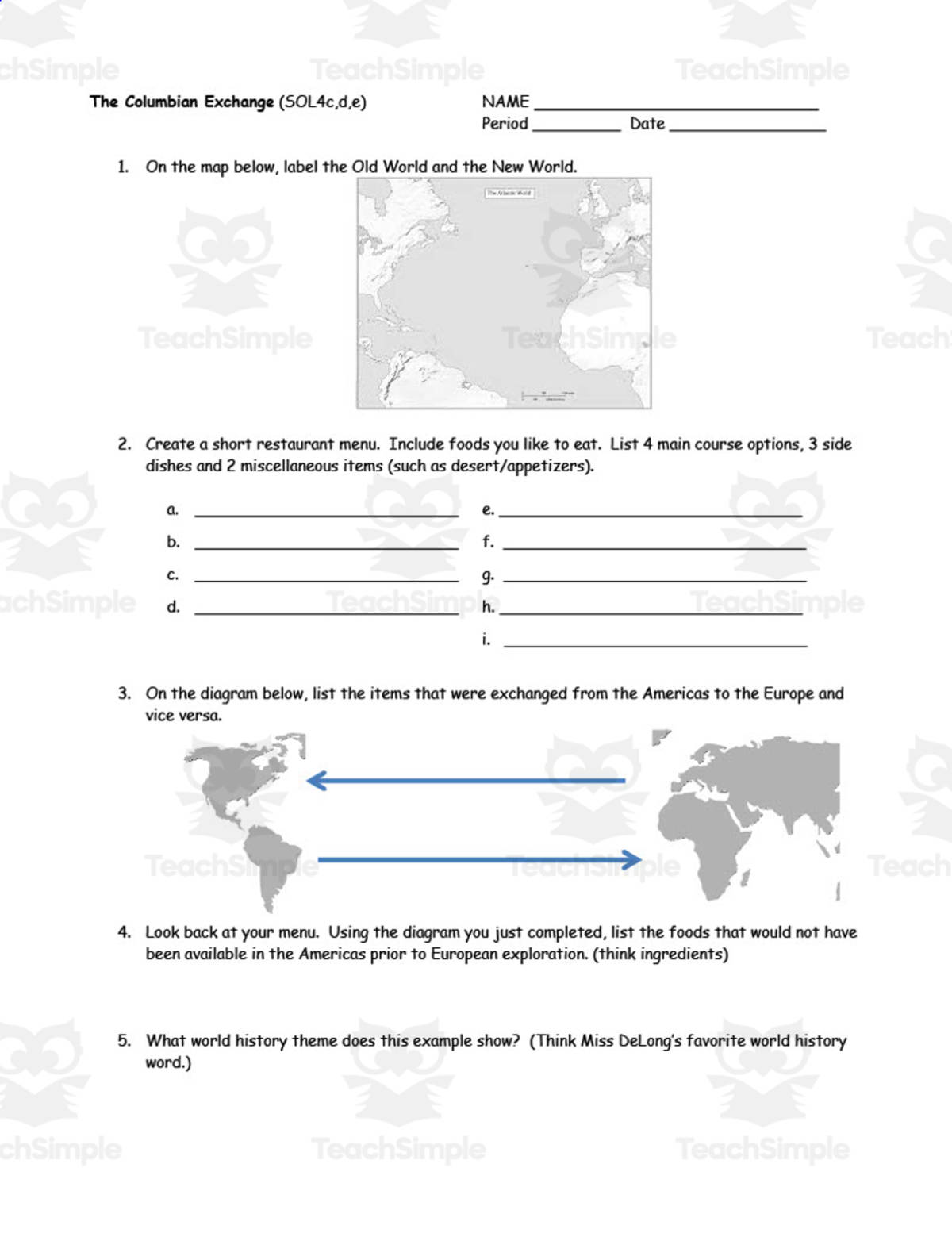 An educational teaching resource from History with DeLong entitled The Columbian Exchange Worksheet downloadable at Teach Simple.