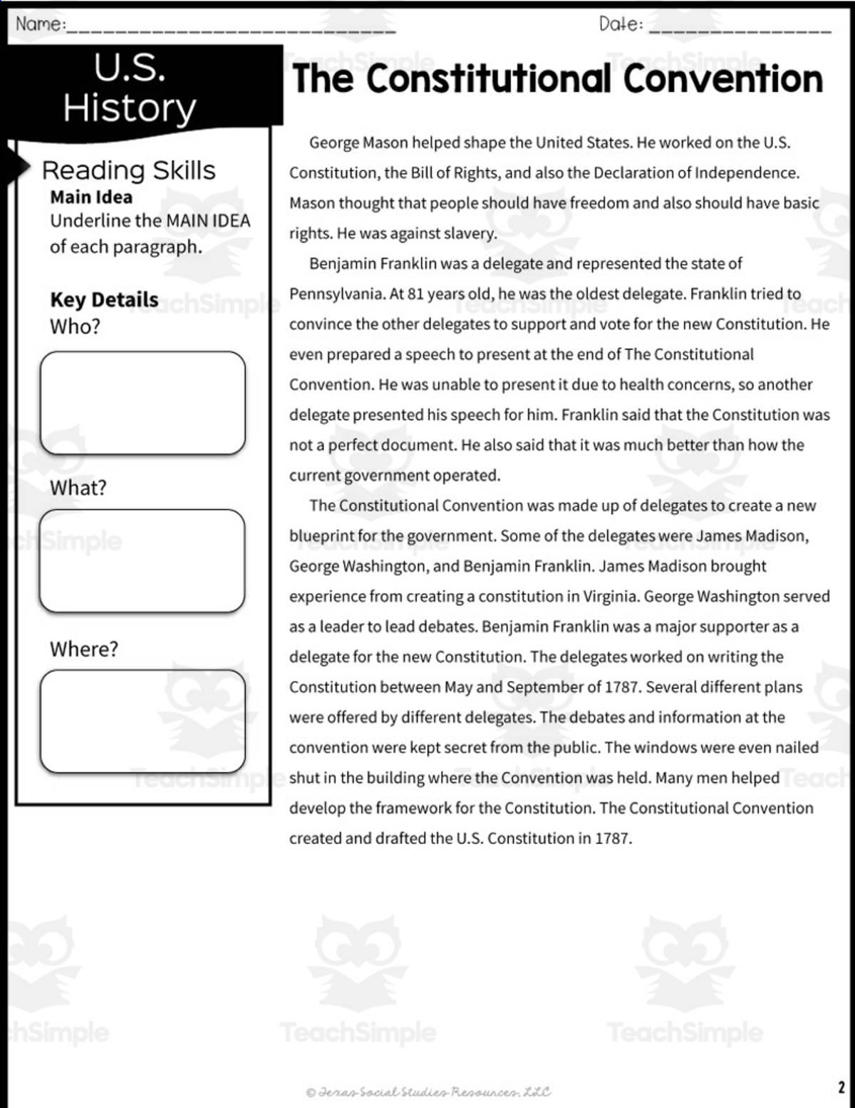 An educational teaching resource from Sarah Miller Tech entitled The Constitutional Convention Reading Packet downloadable at Teach Simple.