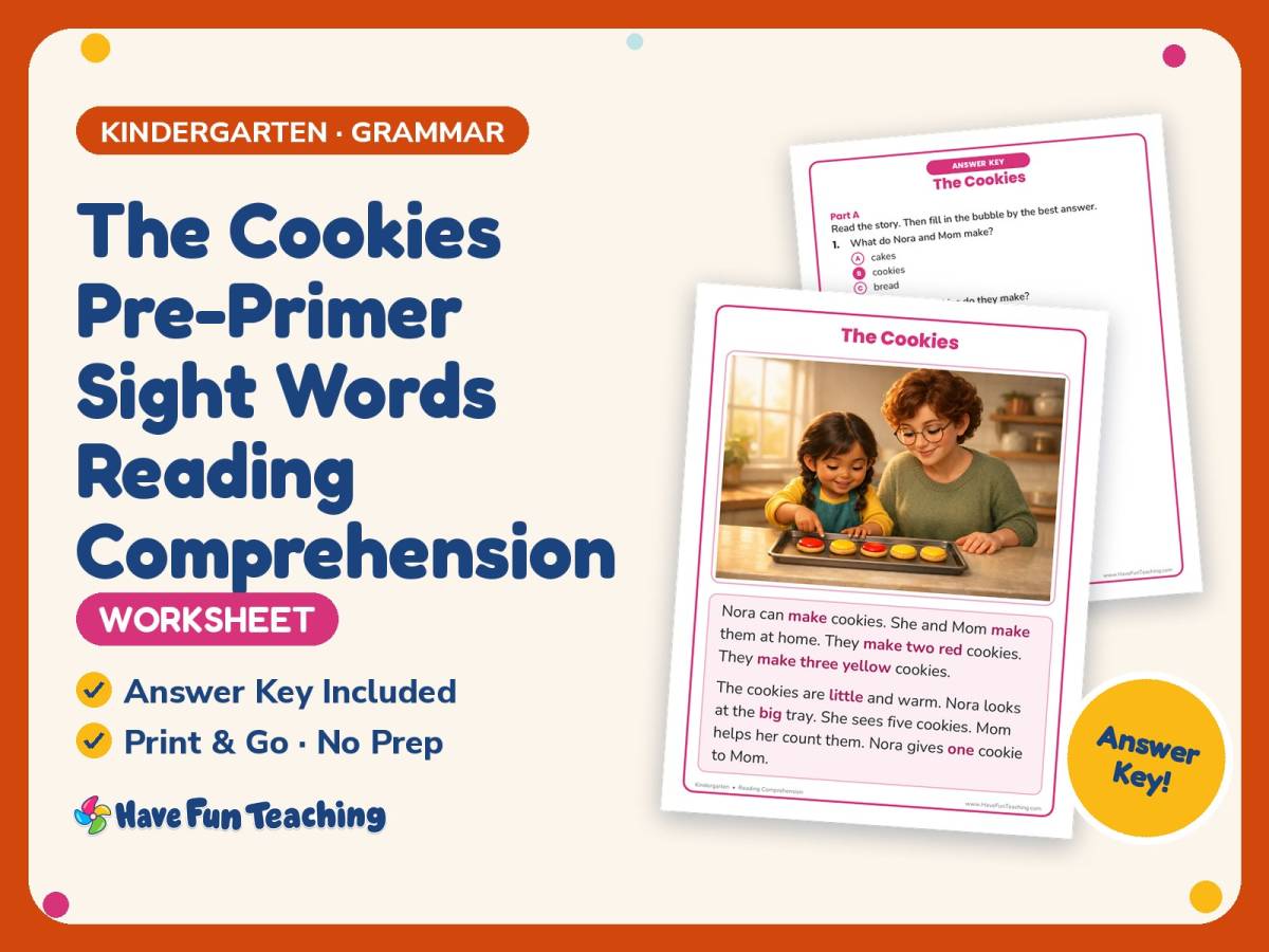 The Cookies Pre-Primer Sight Words Reading Worksheet – Kindergarten preview