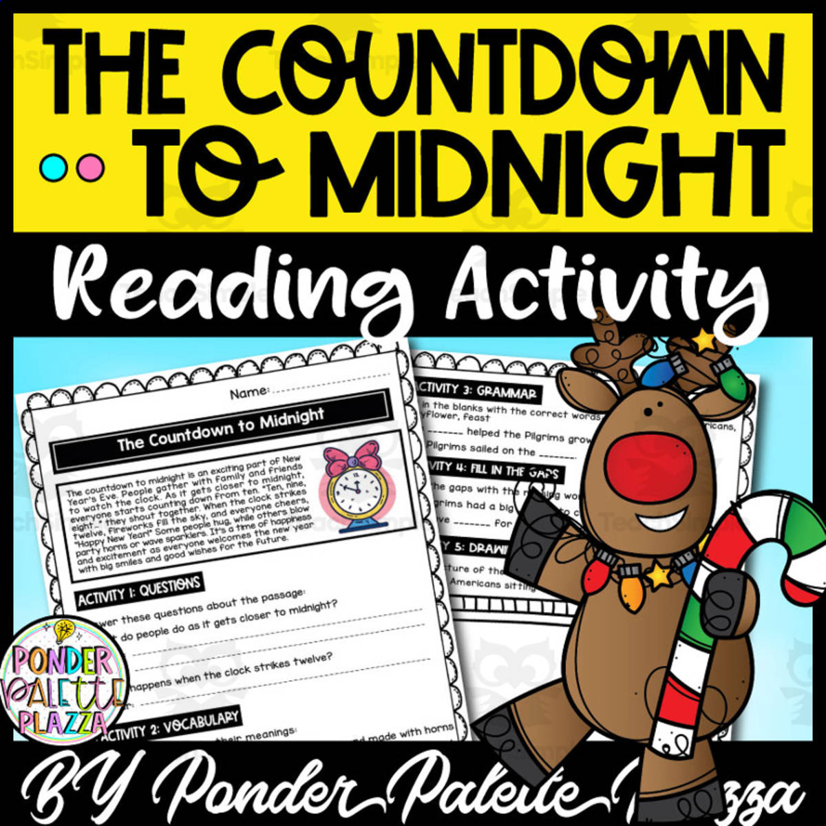 An educational teaching resource from Ponder Palette Plazza entitled The Countdown to Midnight - New Year Reading Activity downloadable at Teach Simple.