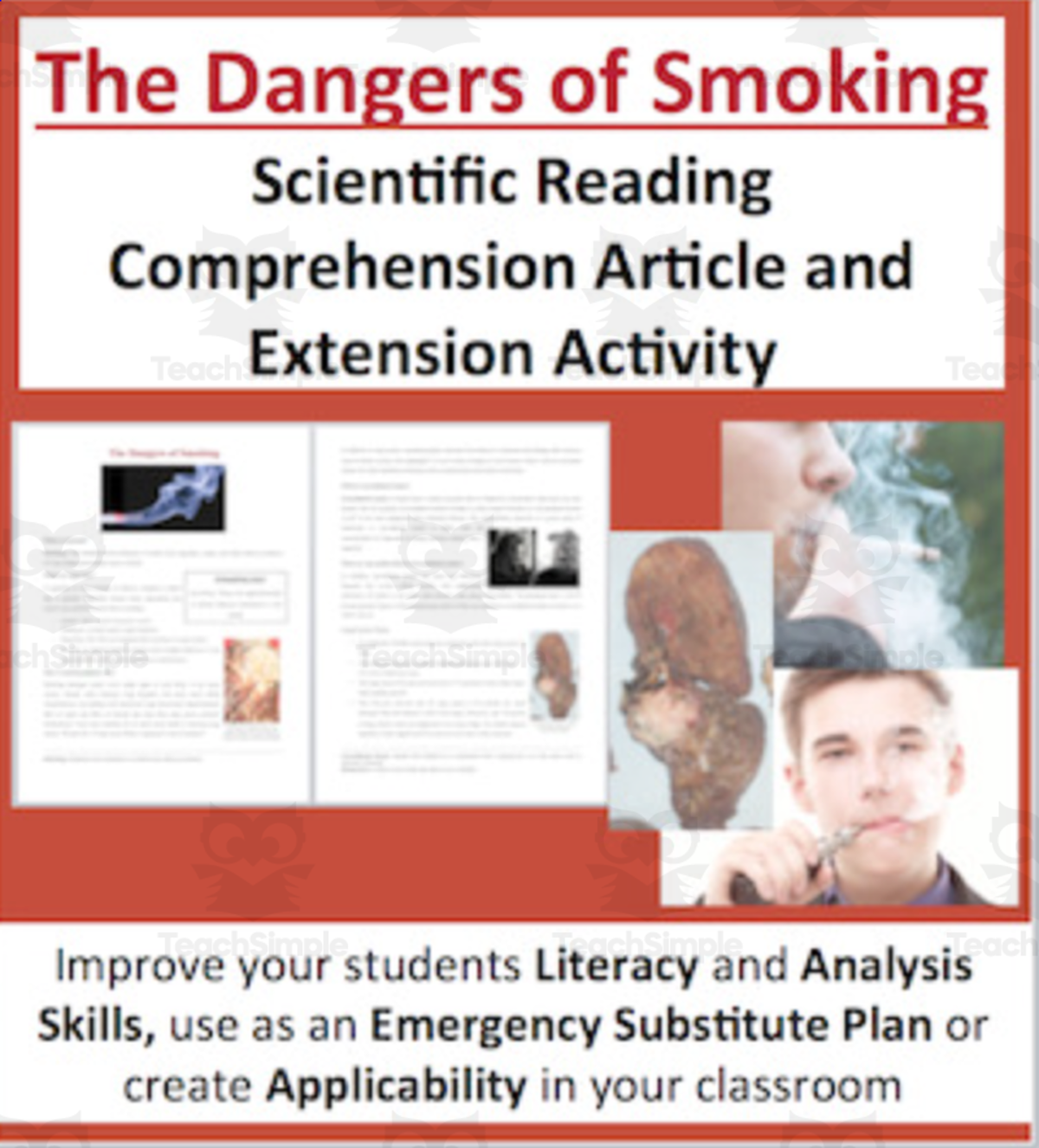 An educational teaching resource from Teach With Fergy entitled The Dangers of Smoking Reading Comprehension Article downloadable at Teach Simple.