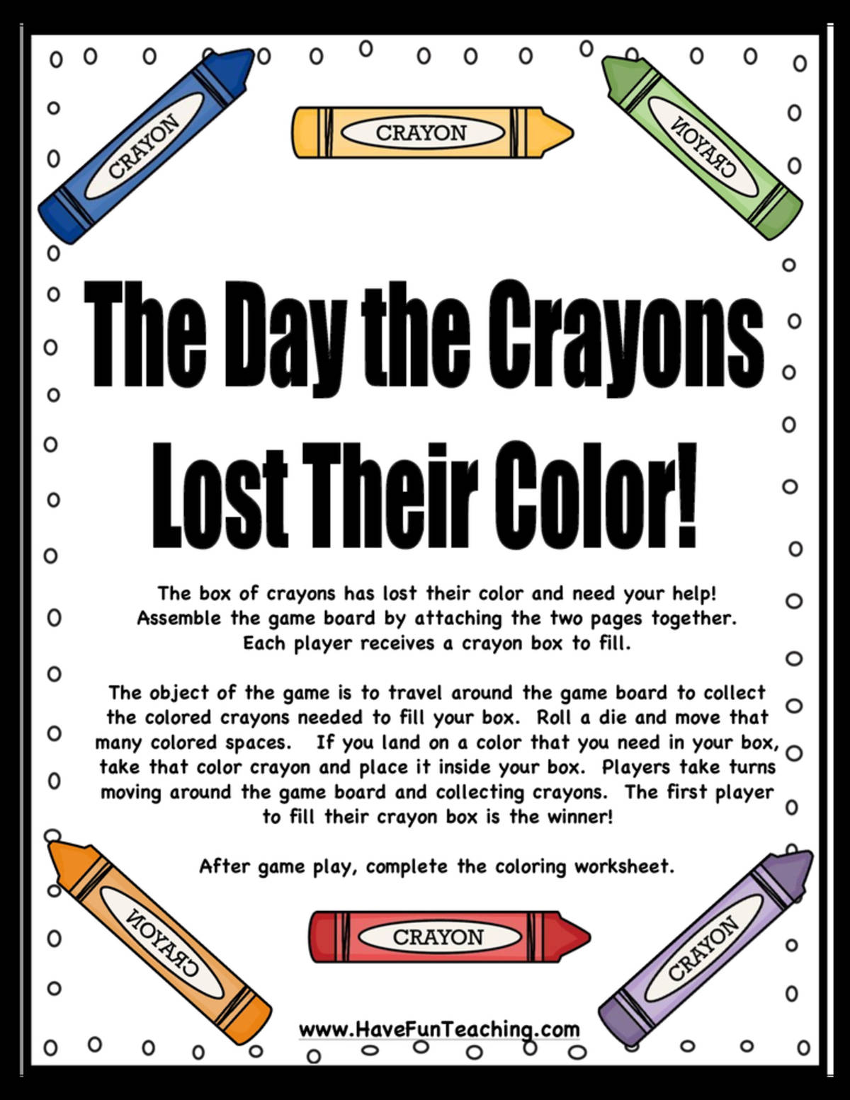 An educational teaching resource from Have Fun Teaching entitled The Day the Crayons Lost their Color Activity downloadable at Teach Simple.