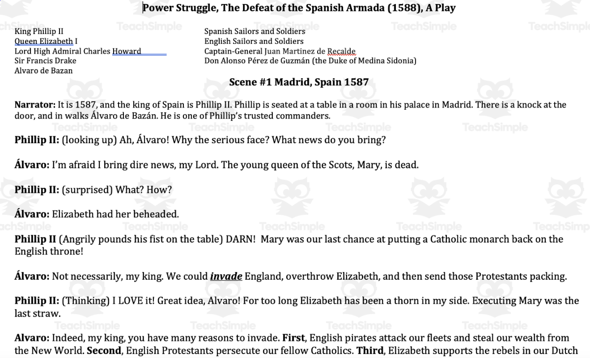 An educational teaching resource from BCM Creations entitled The Defeat of the Spanish Armada (1588), an engaging skit! downloadable at Teach Simple.