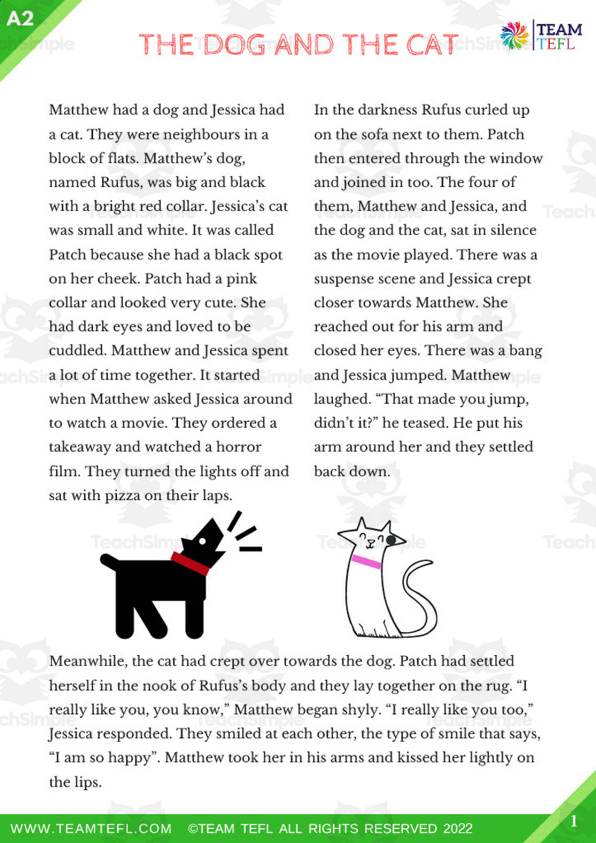 An educational teaching resource from TEAM TEFL entitled The Dog and the Cat Short Story | Pre-Intermediate Lesson Plan downloadable at Teach Simple.