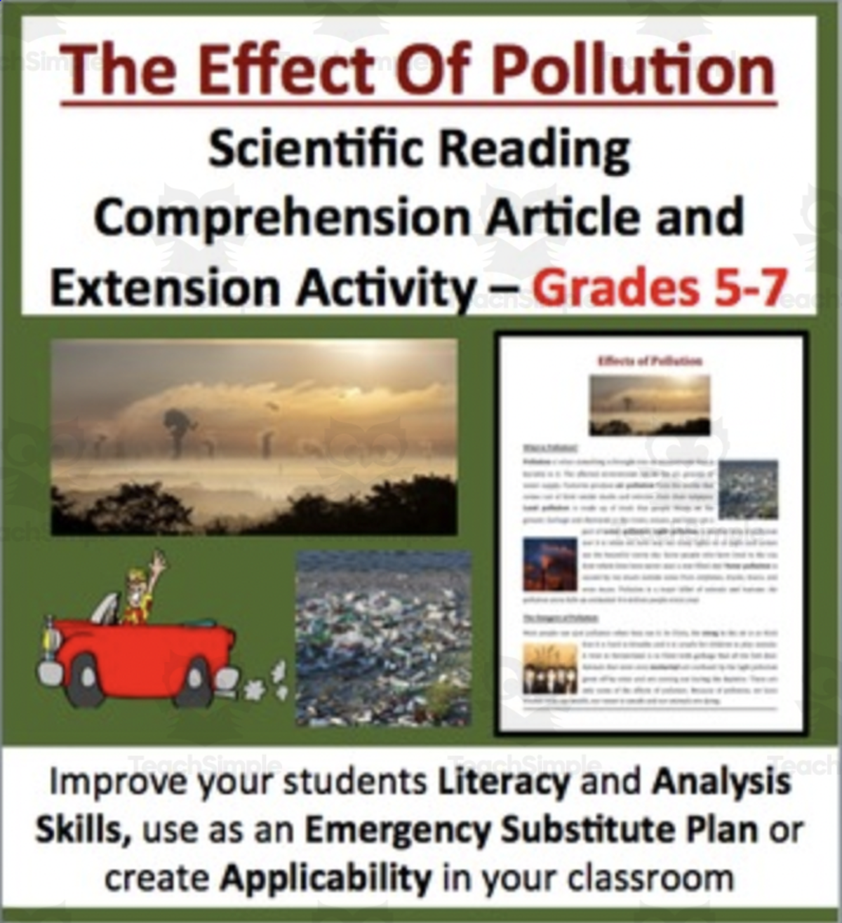 An educational teaching resource from Teach With Fergy entitled The Effects of Pollution - Science Reading Article – Grades 5-7 downloadable at Teach Simple.