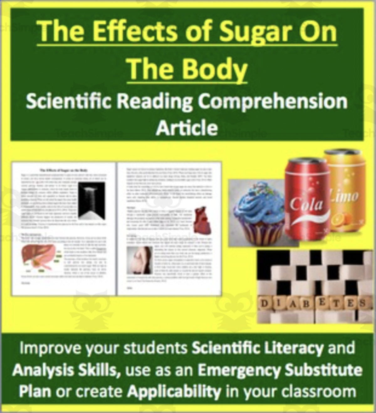 An educational teaching resource from Teach With Fergy entitled The Effects of Sugar on the Body Reading Comprehension Article downloadable at Teach Simple.