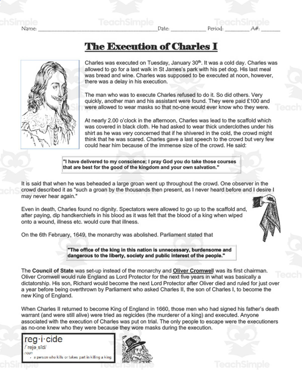 An educational teaching resource from DrDrew entitled The Execution of Charles I | Comprehension Questions downloadable at Teach Simple.