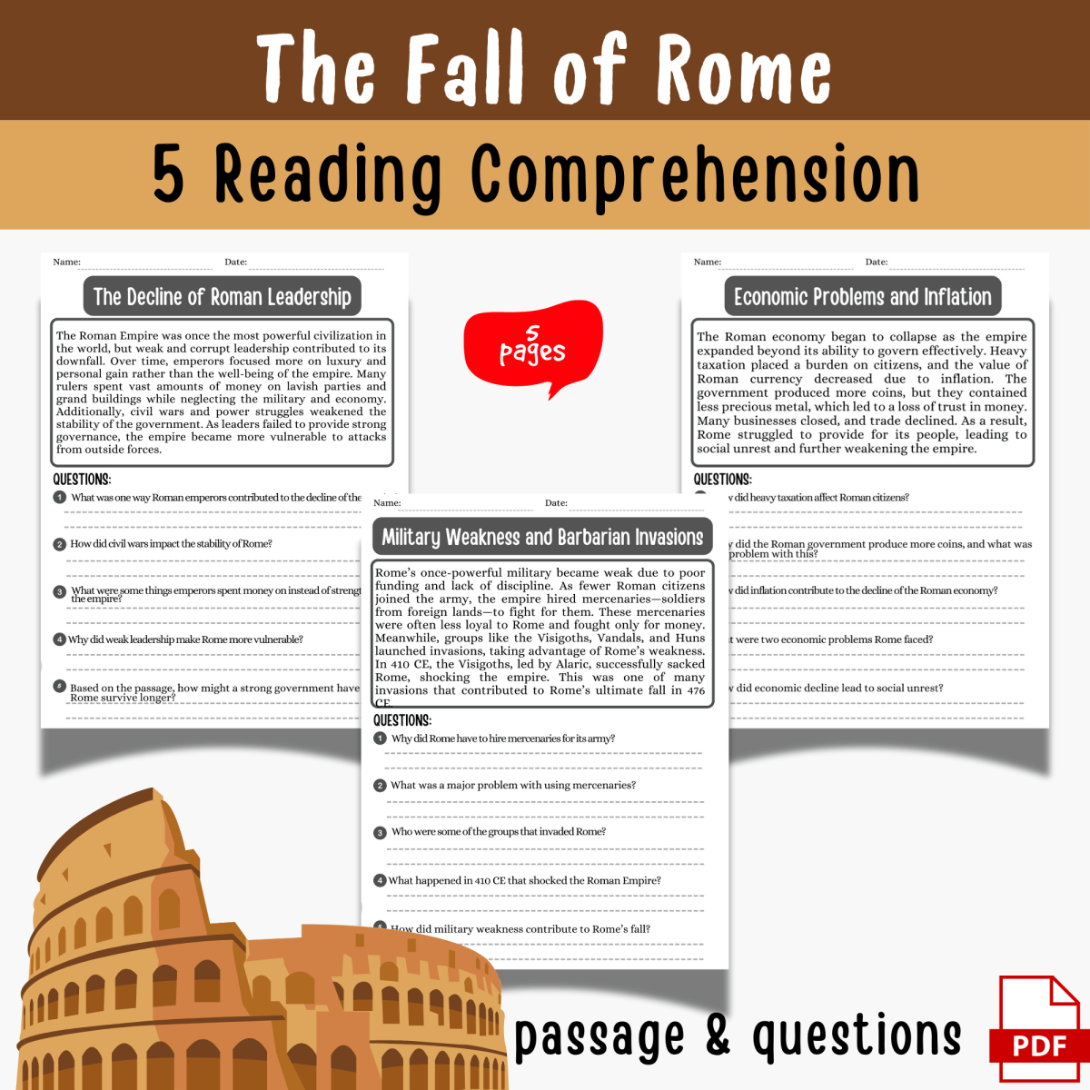 An educational teaching resource from Sadigitalart entitled The Fall of Rome Reading Passages & Questions | Social Studies Workshe downloadable at Teach Simple.