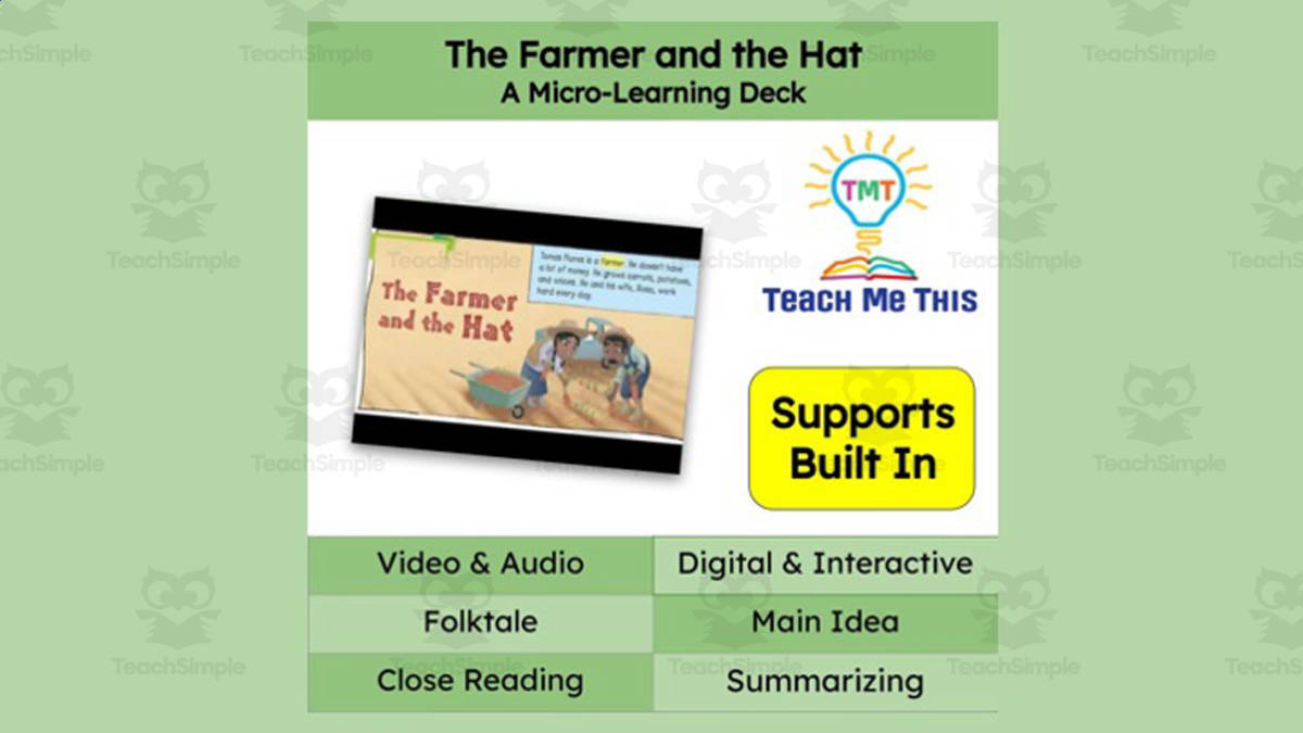 An educational teaching resource from Teach Me This entitled The Farmer and the Hat: A Micro-Learning Deck | Reading Activities downloadable at Teach Simple.