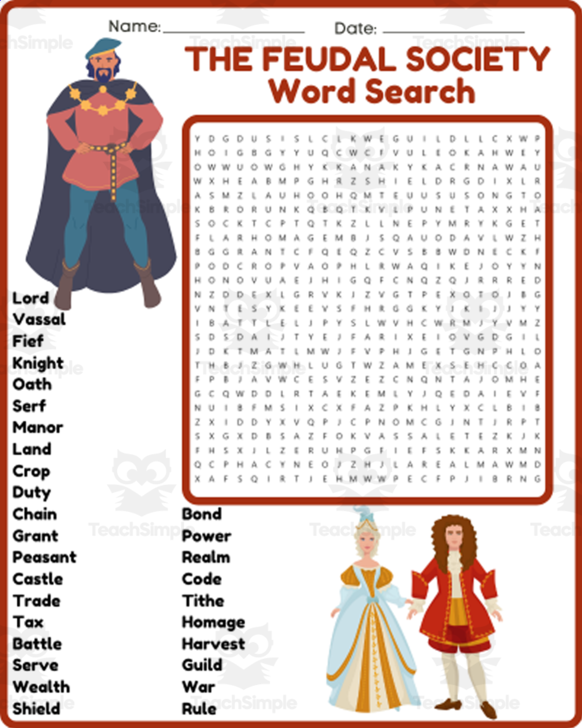 An educational teaching resource from space shope entitled THE FEUDAL SYSTEM - FEUDALISM Word Search Puzzle Worksheet Activity downloadable at Teach Simple.