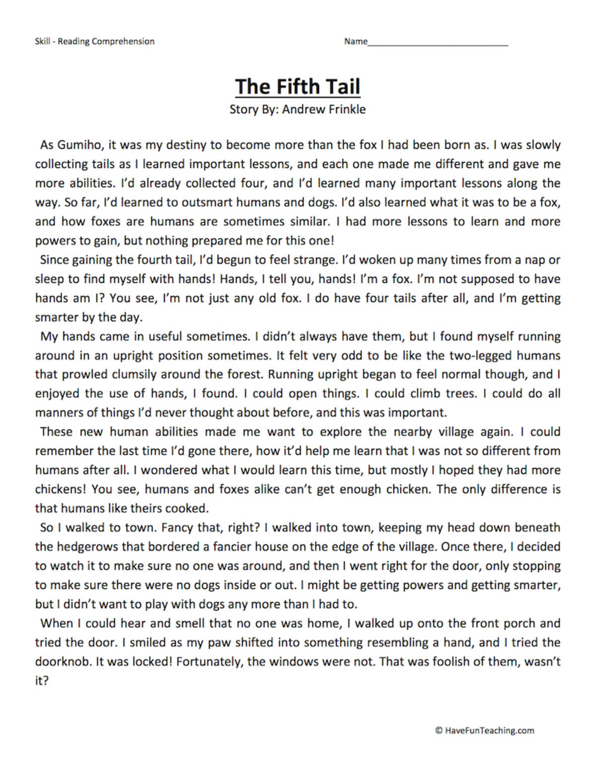 An educational teaching resource from Have Fun Teaching entitled The Fifth Tail Reading Comprehension Worksheet downloadable at Teach Simple.