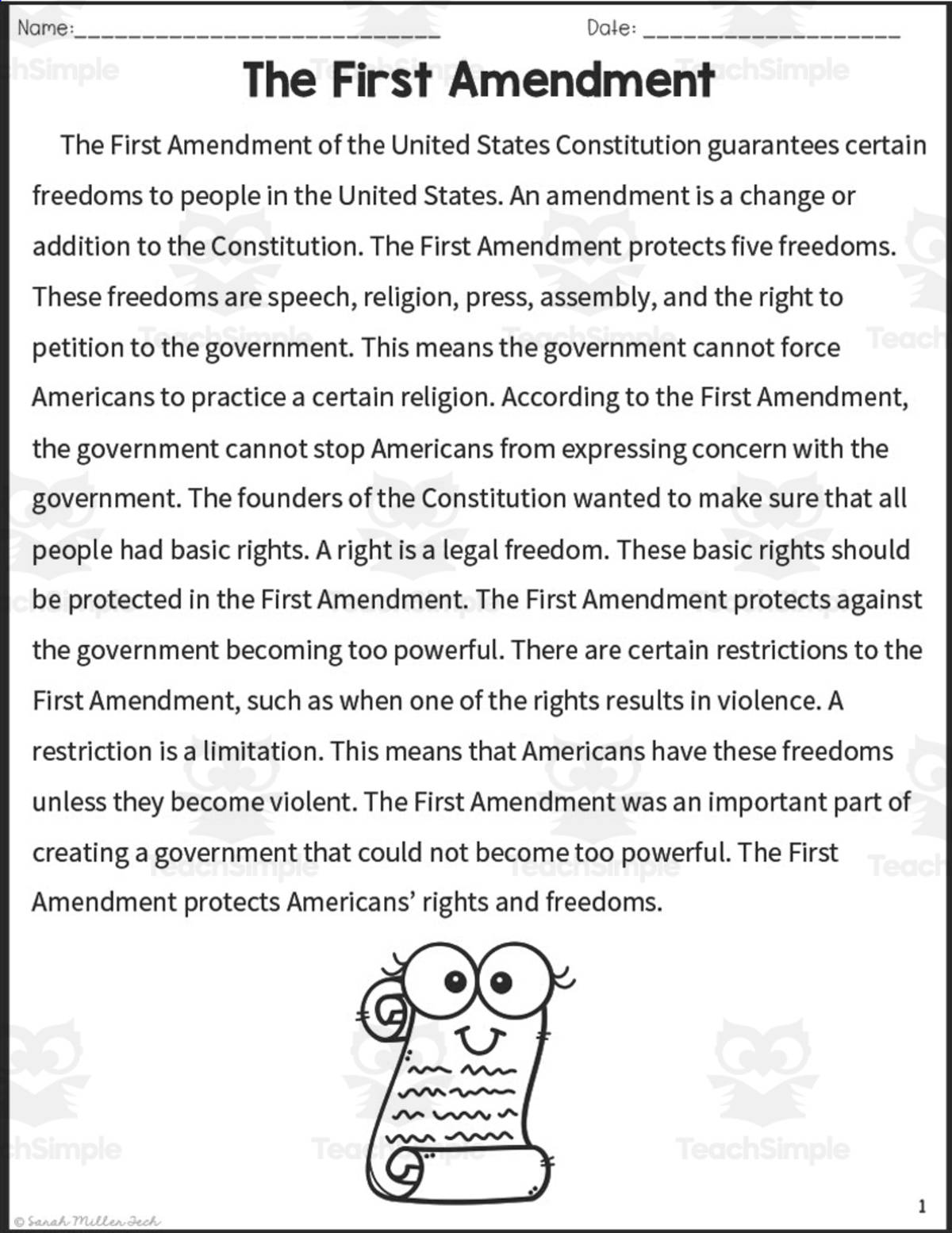 An educational teaching resource from Sarah Miller Tech entitled The First Amendment Reading Packet downloadable at Teach Simple.