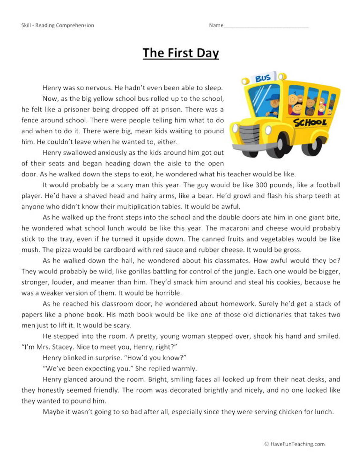 An educational teaching resource from Have Fun Teaching entitled The First Day Reading Comprehension Worksheet downloadable at Teach Simple.