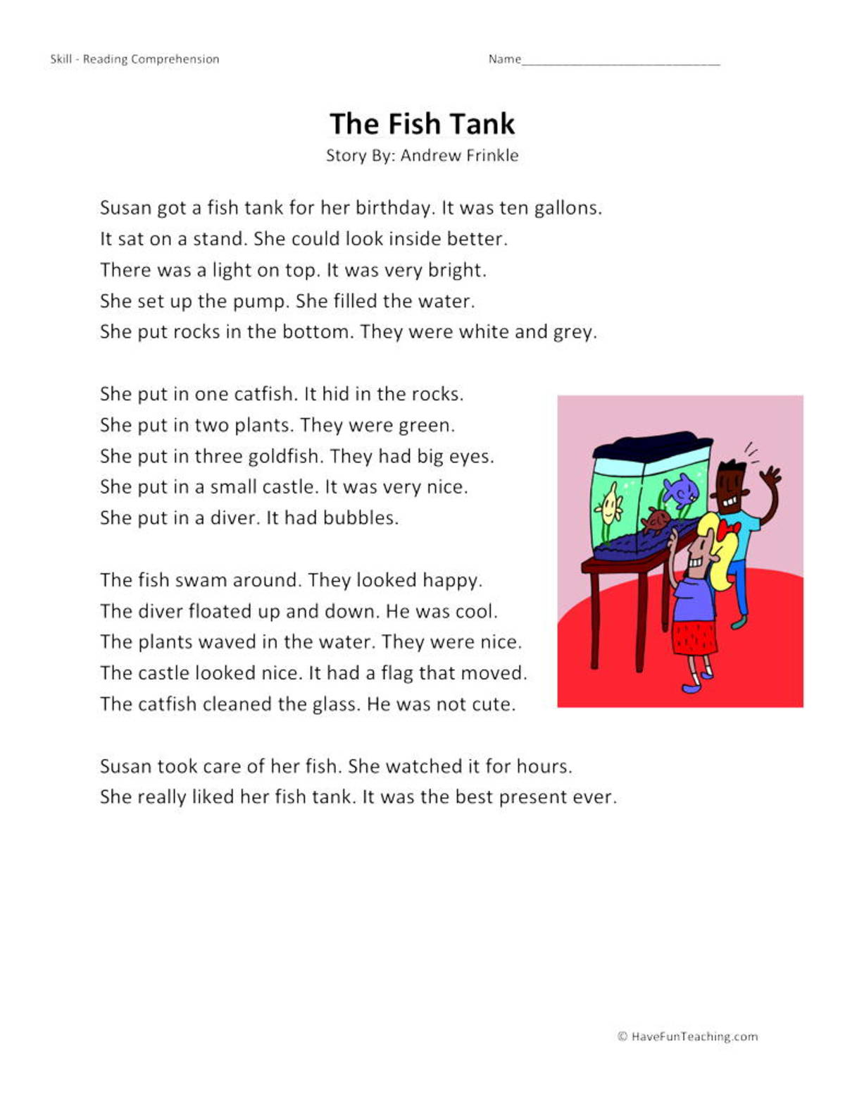 An educational teaching resource from Have Fun Teaching entitled The Fish Tank Reading Comprehension Worksheet downloadable at Teach Simple.