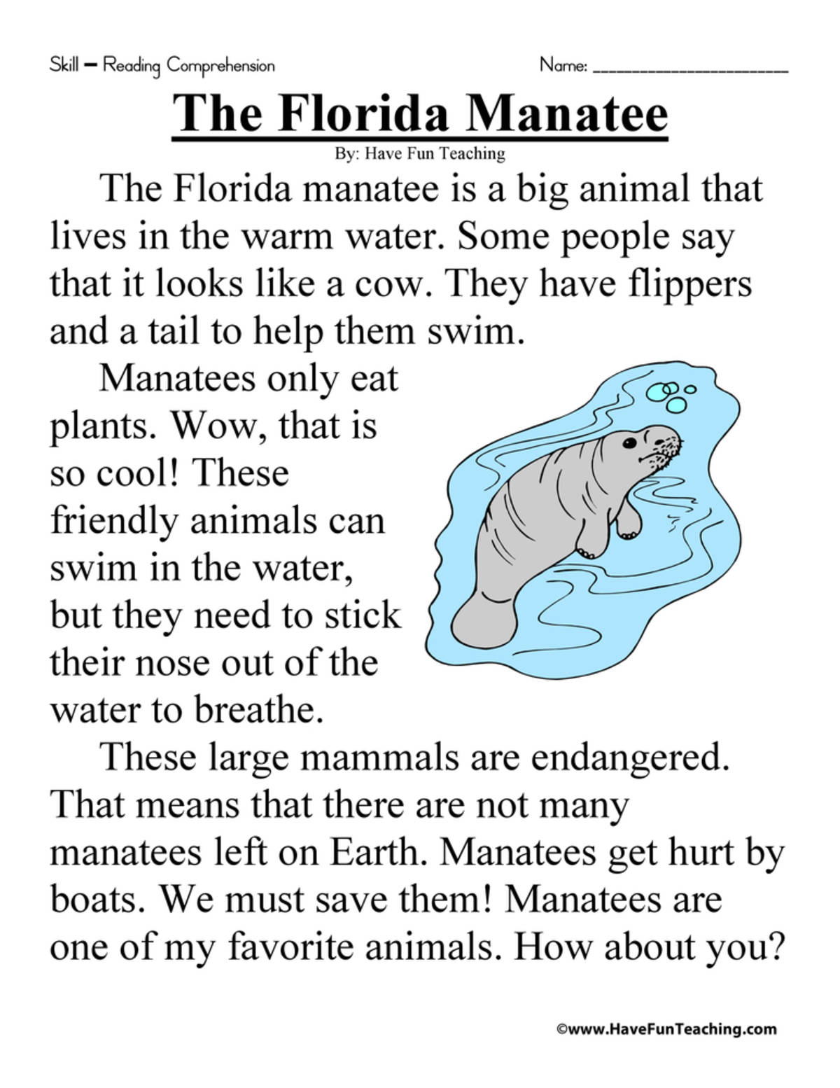 An educational teaching resource from Have Fun Teaching entitled The Florida Manatee Reading Comprehension Worksheet downloadable at Teach Simple.