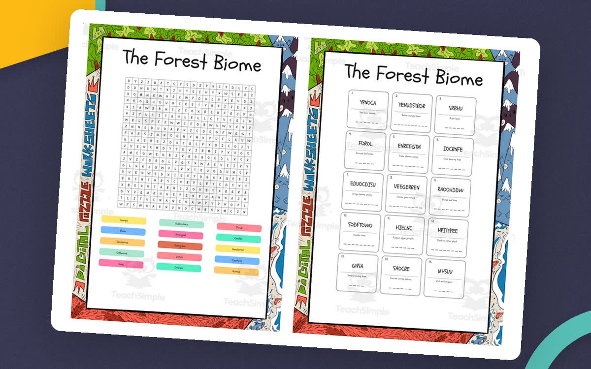 An educational teaching resource from Lapiiin Art Activities entitled The Forest Biome word search, scramble and crossword downloadable at Teach Simple.