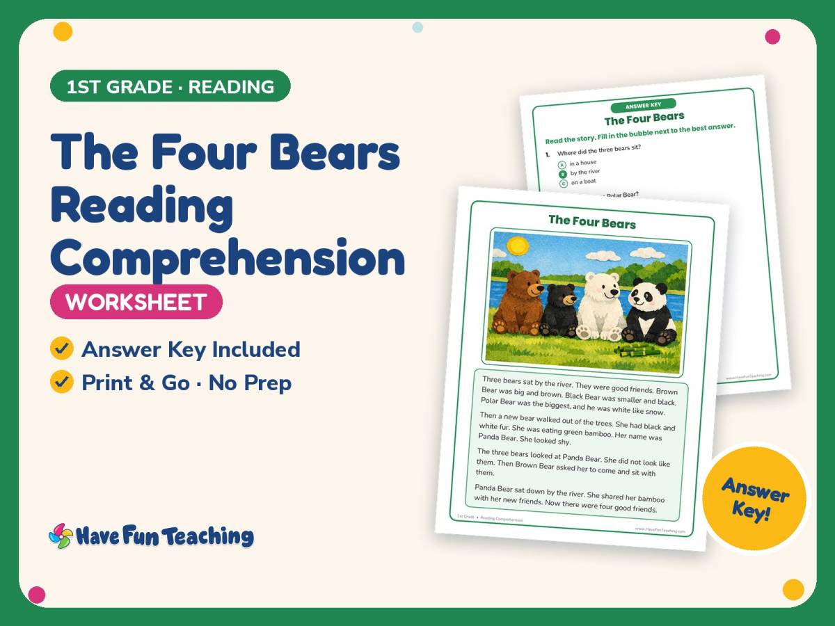 The Four Bears Reading Comprehension Worksheet – 1st Grade Animals preview