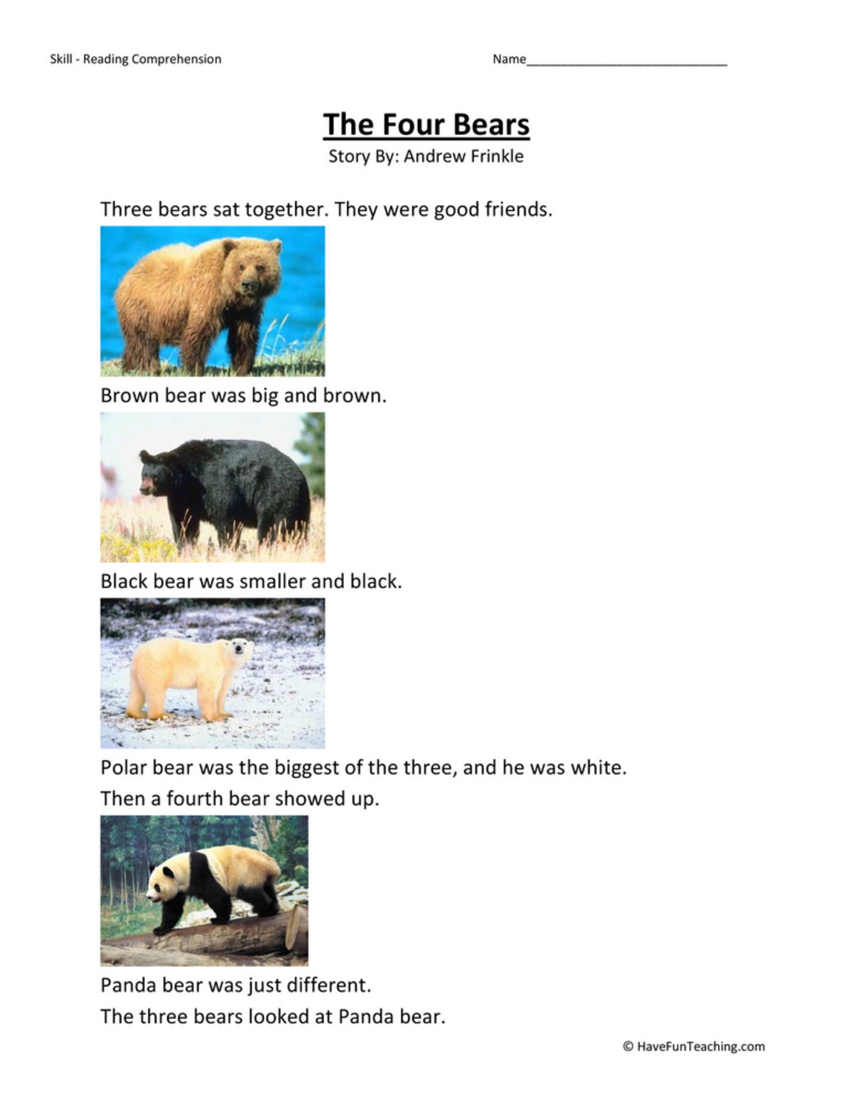 An educational teaching resource from Have Fun Teaching entitled The Four Bears Reading Comprehension Worksheet downloadable at Teach Simple.