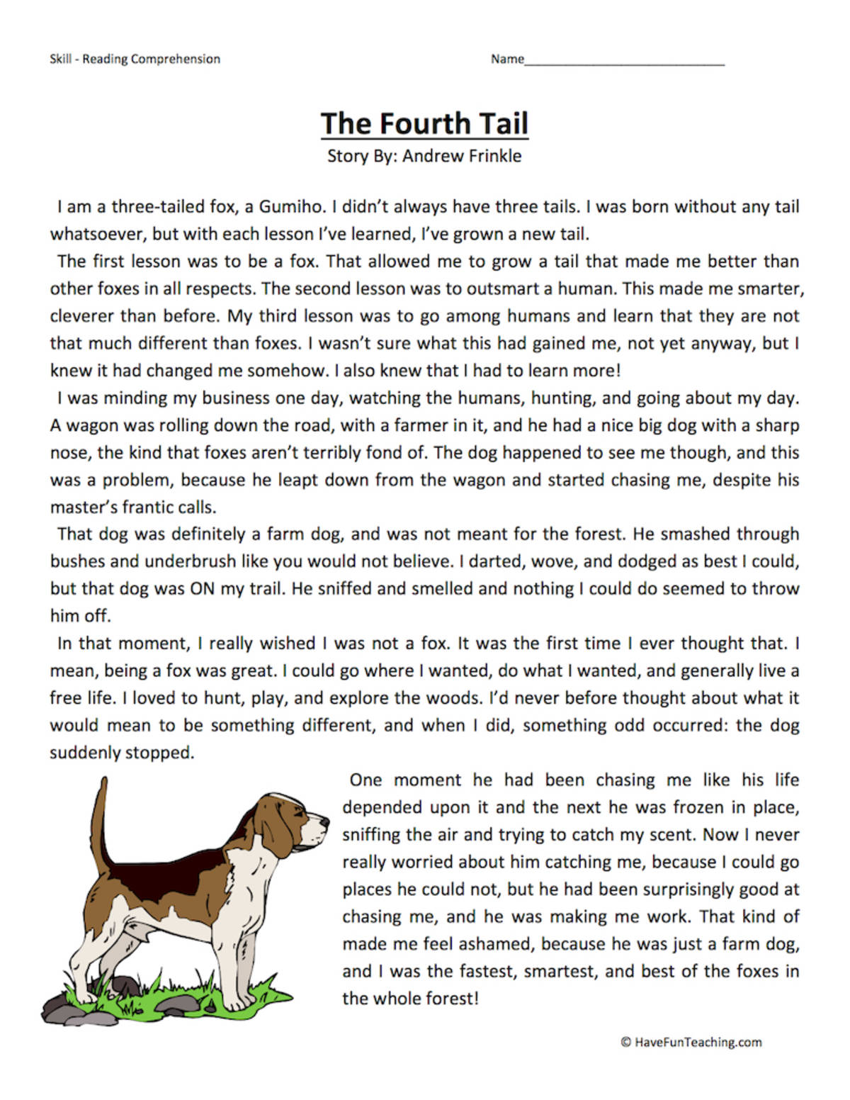 An educational teaching resource from Have Fun Teaching entitled The Fourth Tail Reading Comprehension Worksheet downloadable at Teach Simple.